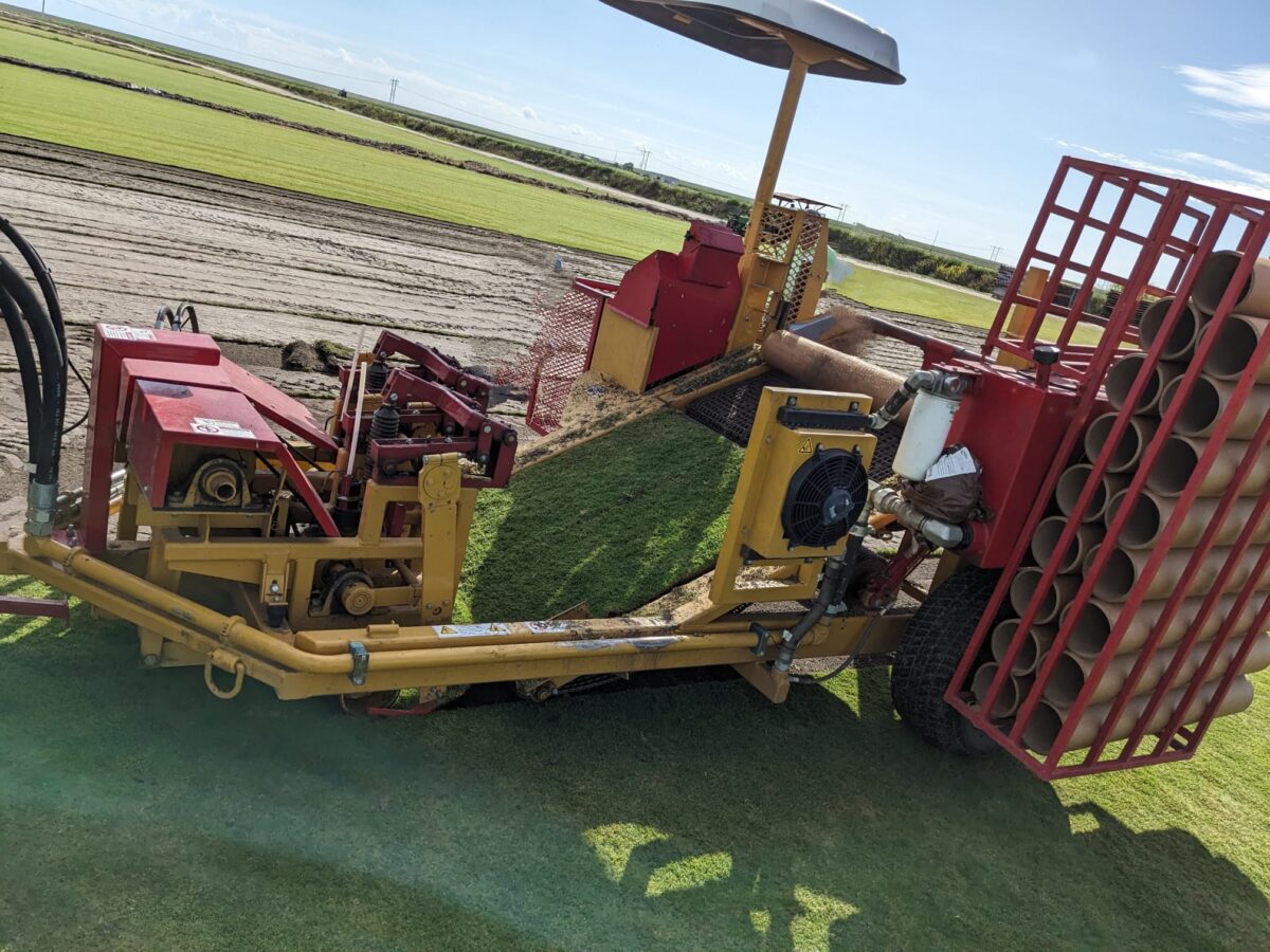 sod harvester preparing turf